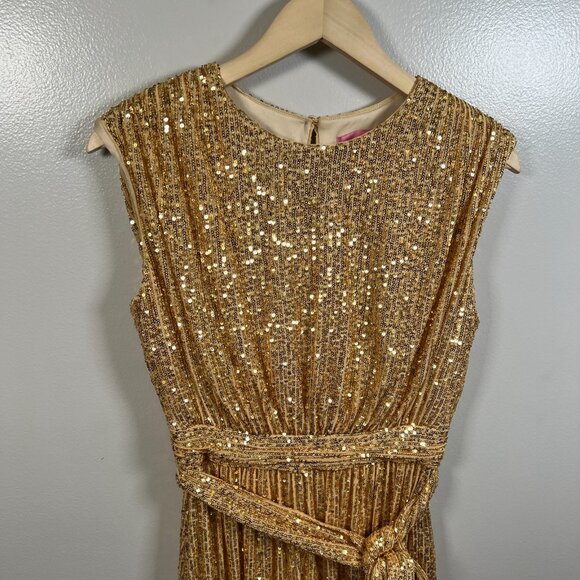 LDT Ivy Goddess Gold Sequin Maxi Dress Size 2 Tie Waist Formal Wedding Event - Picture 5 of 11